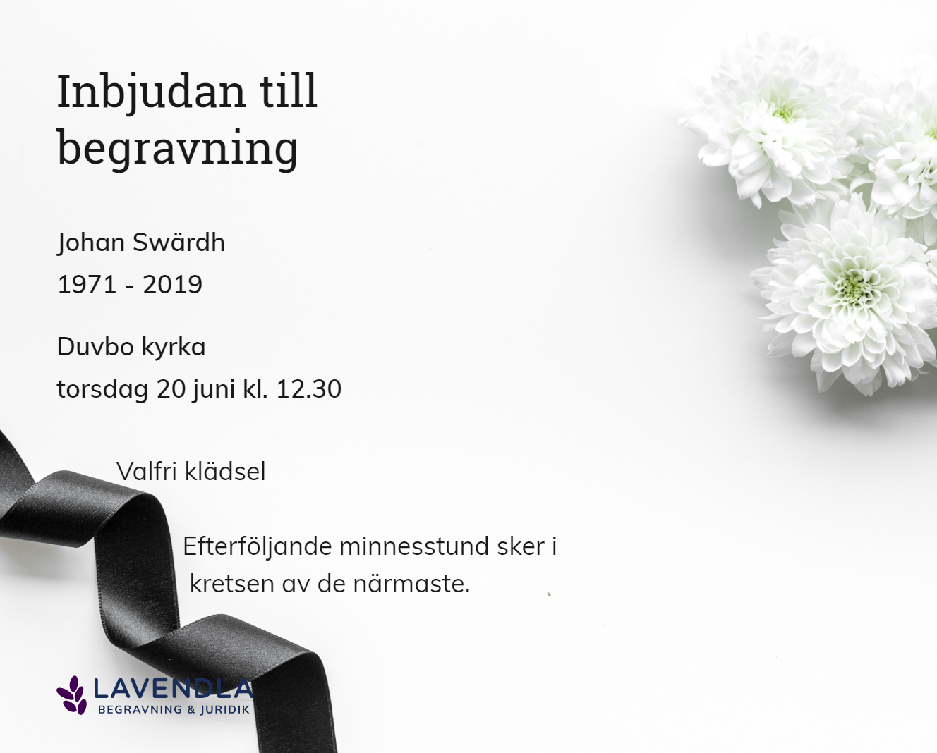 Inbjudningskort till ceremonin för Johan Swärdh