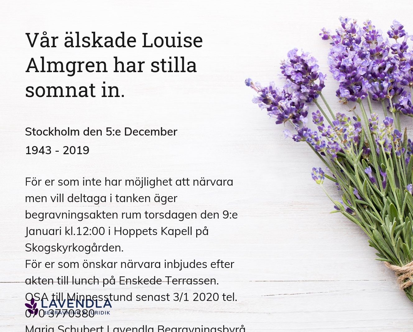Inbjudningskort till ceremonin för Stockholm den 5:e December